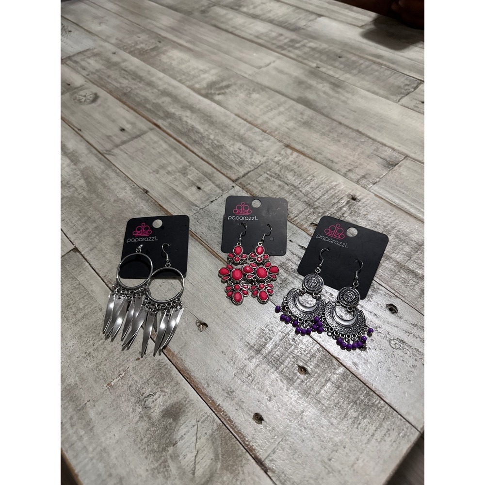 Paparazzi Statement Earrings Lot 3 Pairs Silver Tone Pink Purple Boho Dangle